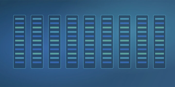 Server rack array in a data center representing technology and digital information storage with a blue gradient background