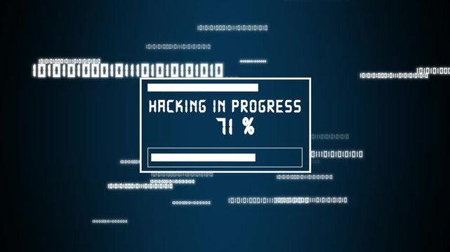 Hacking text animation with progress bar. Hacking digital matrix and binary code. Hacking security threat graphic on black background.