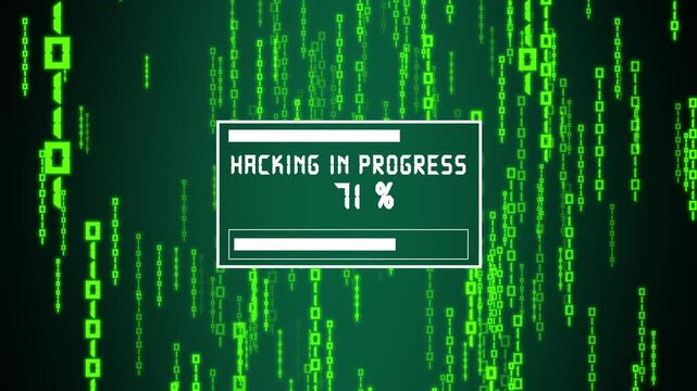 Hacking text animation with green binary. Hacking digital matrix and progress bar. Hacking security threat graphic on black background.