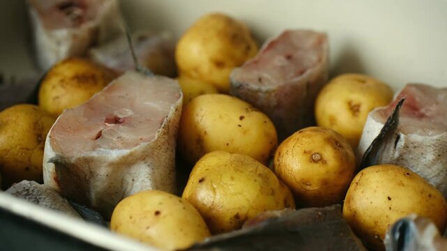 Close up of raw fish steaks and new potatoes placed together in a baking dish, ready for seasoning and cooking. Healthy and delicious homemade meal preparation concept showing fresh ingredients