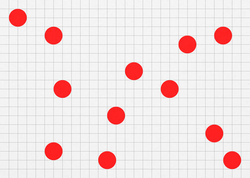 Red dots randomly distributed on a geometric grid background