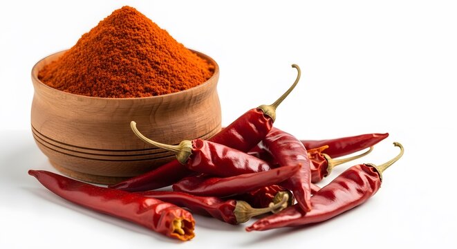 Vibrant red chili powder and whole dried peppers on white background