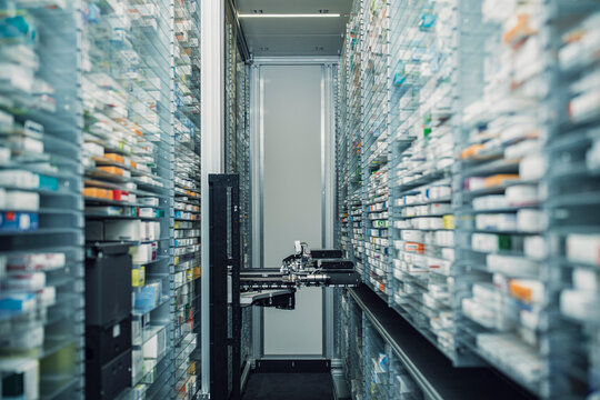 Automated order picking machine in a modern German pharmacy
