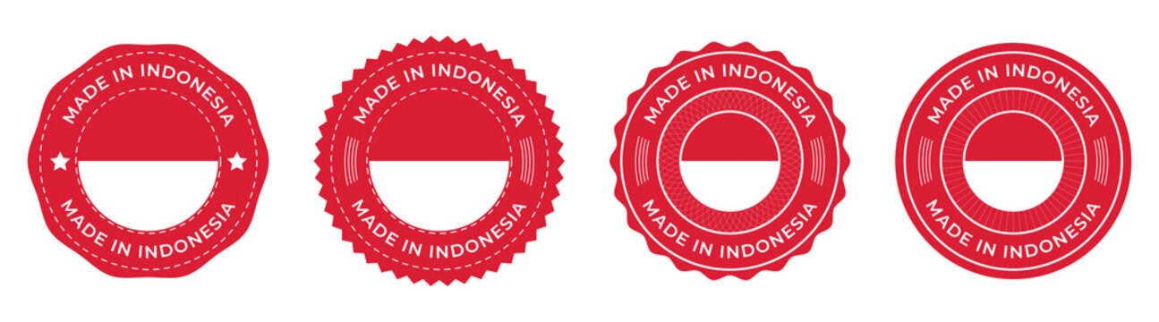 Made in Indonesia Label Set &ndash; Red White Badge Stickers with Flag Elements, Vintage Stamps and Ribbon Seals Vector Collection