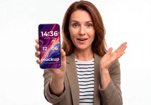 Woman presenting smartphone with blank screen