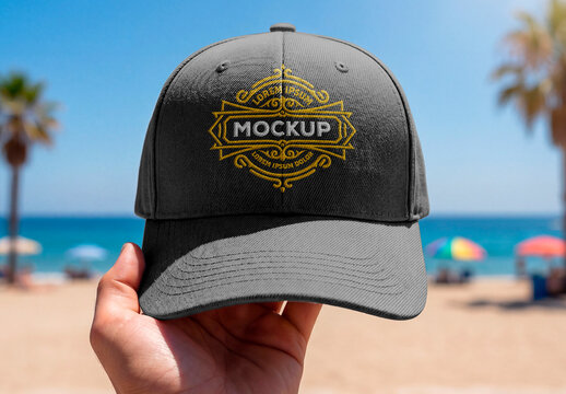 Blank white cap held by hand on beach background lifestyle