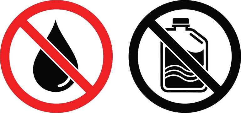 Do not enter water and do not use liquid container prohibition warning signs Vector