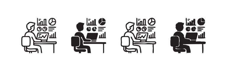 Naklejka premium Analyst with computer icons: outline and silhouette