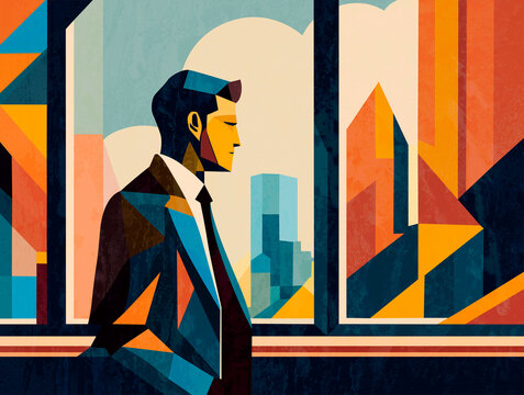 Businessman in suit looking out office window at modern cityscape