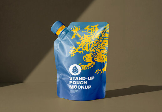 White plastic spout pouch mockup with wrinkles and shadow