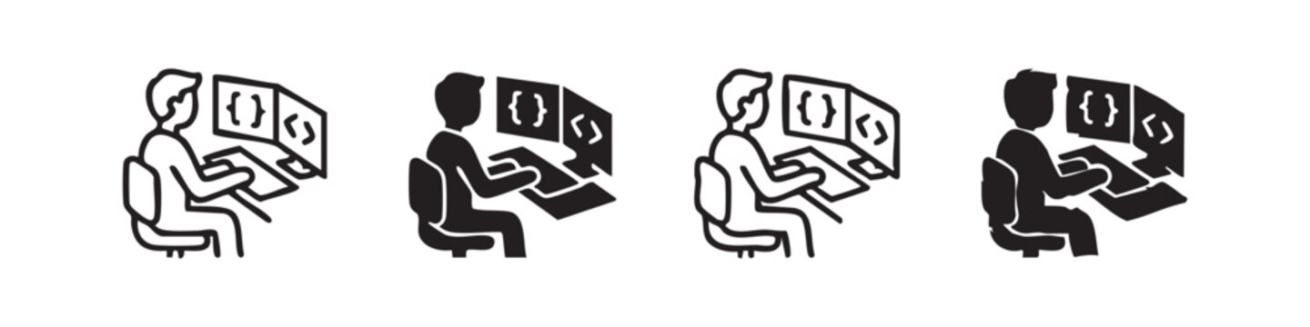 Programmer with multiple monitors icons: outline and silhouette