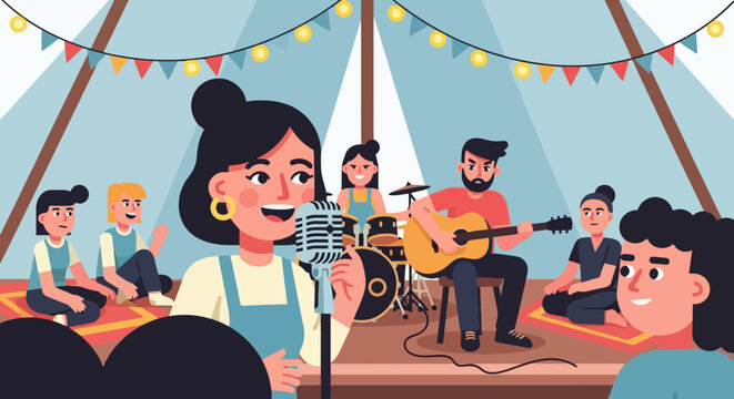 Woman singing on stage with band performing live music.