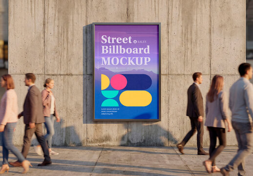 Outdoor wall poster mockup with pedestrians walking in urban scene