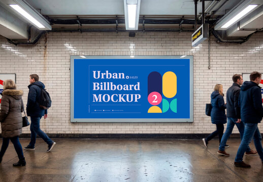 Subway billboard mockup with people walking station