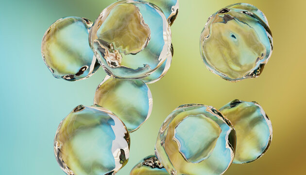 Colourful water spheres floating in dynamic fluid abstract concept