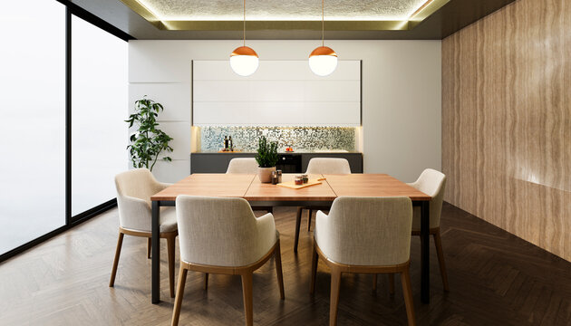 Modern minimalist dining room and kitchen interior with nobody