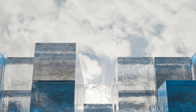 Abstract composition of reflective ice cubes against a cloudy sky