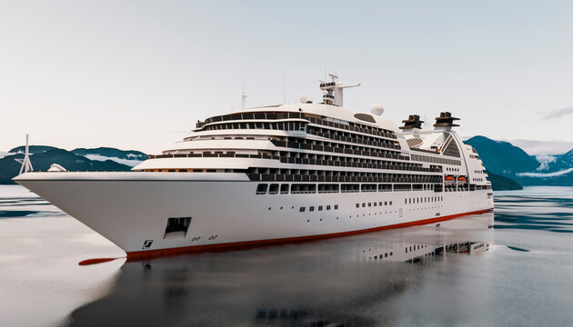 Large cruise vessel sailing in a calm ocean with scenic landscape