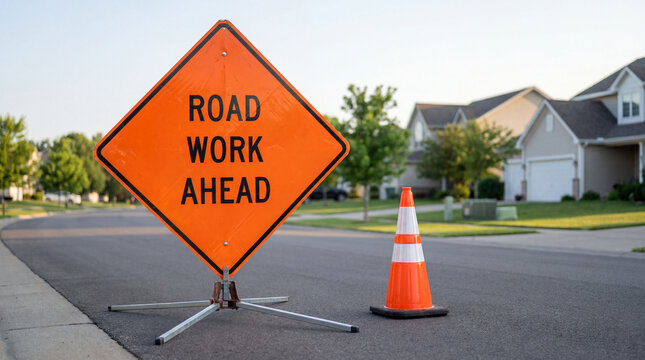 Orange ROAD WORK AHEAD sign and a traffic cone placed on a freshly paved suburban street, warning drivers