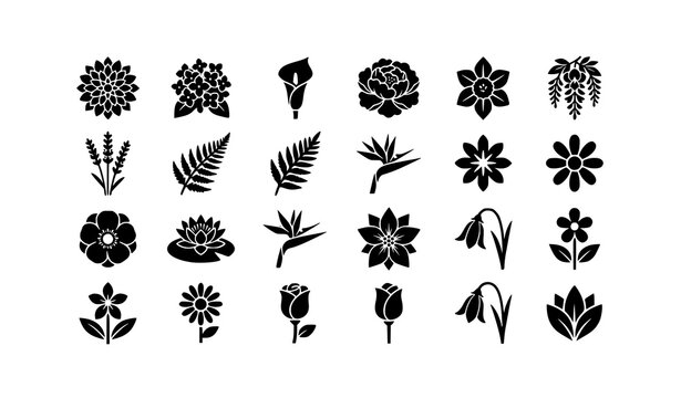 Simple black floral icons pack isolated on white background clean botanical symbols vector illustration set