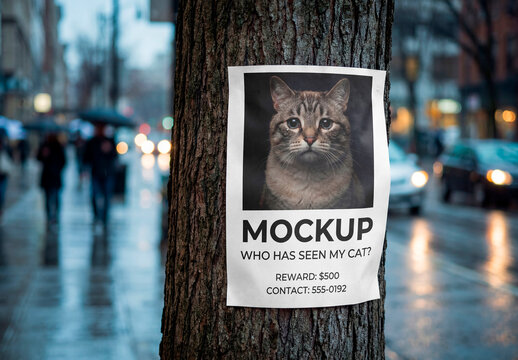 Blank paper poster mockup attached to tree trunk