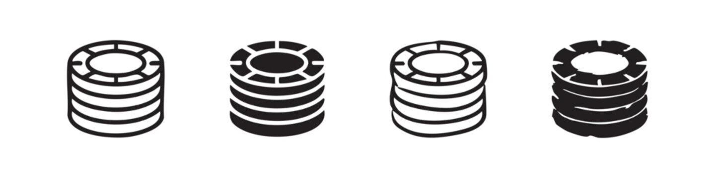 Set of four casino chip stack icons, two outline and two silhouette, in vertical alignment.