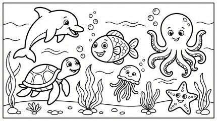 Cute sea animals coloring page, black and white line art, thick outlines, no shading, simple shapes, child-friendly, smiling cartoon fish, dolphin, turtle, octopus, starfish, clean white background, c © Tasha