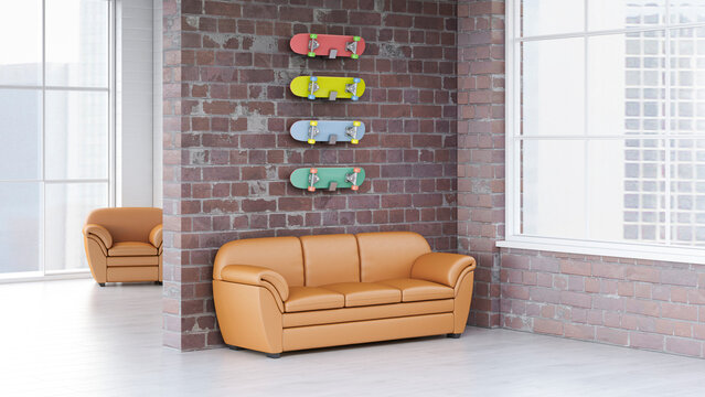 Modern living room interior with sofa and skateboards on brick wall