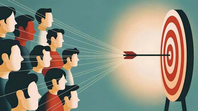 Targeting Success: A focused group aims for a strategic target, symbolizing the collective effort and precision required for triumph.