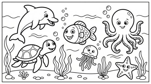 Cute sea animals coloring page, black and white line art, thick outlines, no shading, simple shapes, child-friendly, smiling cartoon fish, dolphin, turtle, octopus, starfish, clean white background, c