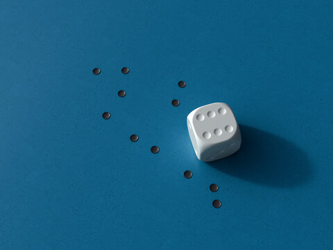 Symbolic 3d rendering of white dice losing dots on blue background