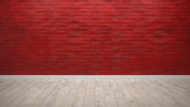 Empty room with textured red wall and wooden floor