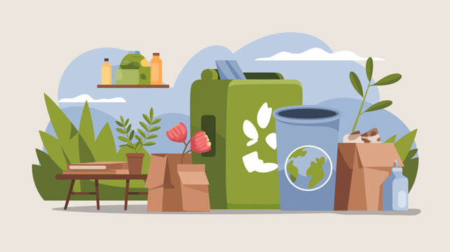 Eco-friendly recycling and gardening illustration with plant growth and household items
