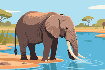 Elephant Drinking by the River Illustration Creative Design Template  © art88