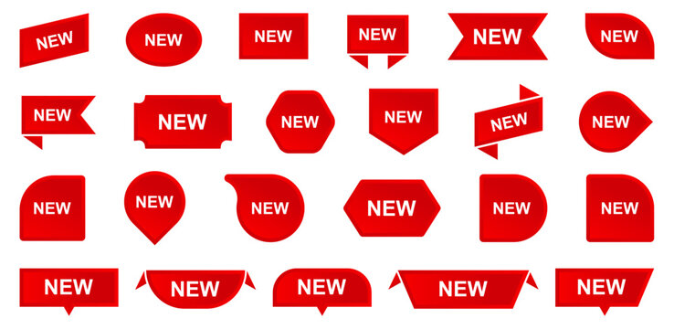 New label badge collection in red style. Set of promotional tags with text new in various geometric shapes for sale, marketing and product highlighting