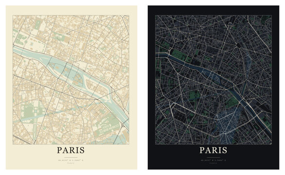 Paris City Map Vector Illustration Set - Minimalist Urban Street Map of Paris, France in Dark and Beige Themes with Geographic Coordinates for Travel Posters, Wall Decor, and Modern Web Graphics.