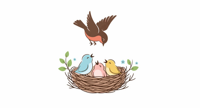 A mother bird descends to feed her three chirping chicks nestled in a twig nest