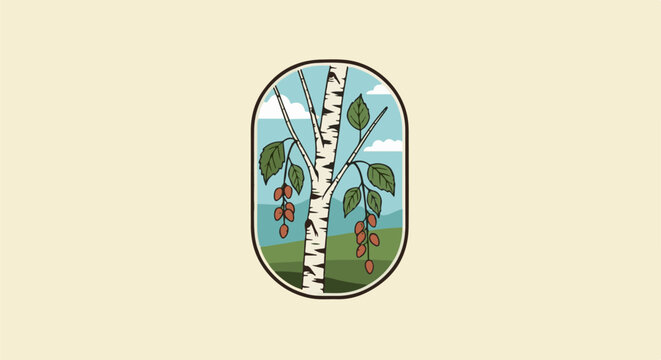 Stylized birch tree with red berries hangs in a landscape