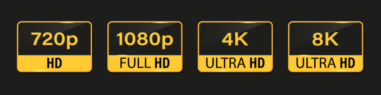 Resolution quality badge collection in black and gold style. Set of hd, full hd, 4k and 8k labels for video and display formats
