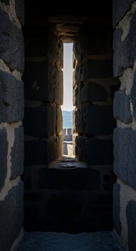 View through a medieval fortress arrowslit