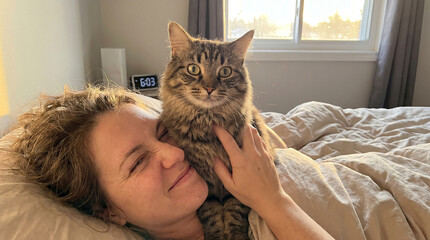 Cat sitting on a sleeping woman's face to wake her up while she smiles sleepily