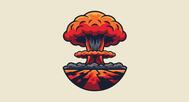 Vibrant pixel art mushroom cloud explosion over a fiery, cratered landscape