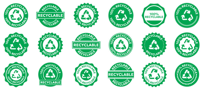 Recyclable badge collection in green style. Set of eco labels with recycle symbol and environmental certification elements