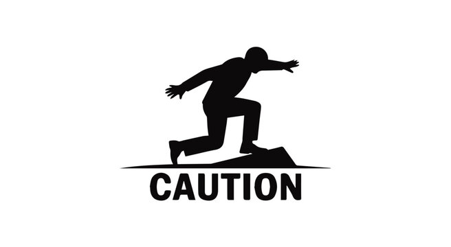 Risk Alert: A silhouette of a person in the midst of a precarious moment, balanced on the edge, the word CAUTION serves as a stark warning.