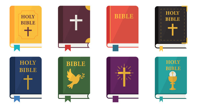Holy bible icon collection in colored style. Set of religious books with cross, dove and christian symbol variations