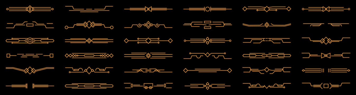 Decorative line divider collection in gold style. Set of elegant horizontal separators with geometric elements, symmetry accents and ornamental details