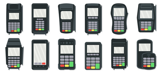Fototapeta premium Payment terminal collection in flat style. Set of POS devices with keypad, screen and contactless payment variations