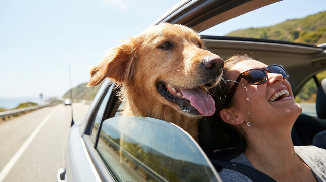 Happy dog with head out car window flying drool onto laughing driver's sunglasses