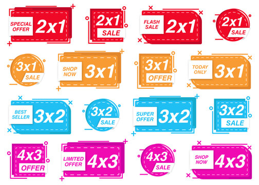 Sale promotion badge collection in colorful style. Set of discount labels with multi buy offers like two by one, three by one and four by three