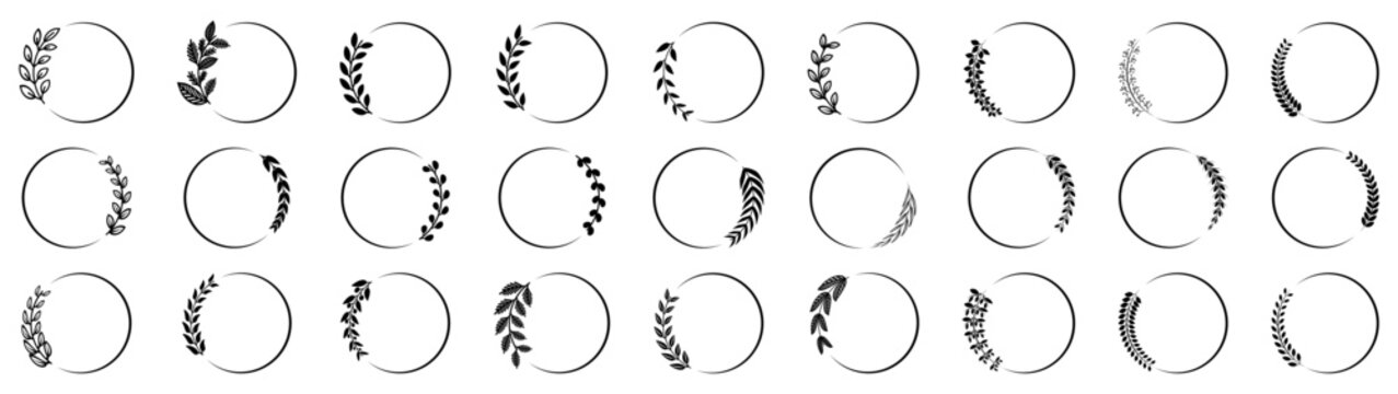 Laurel wreath frame collection in outline style. Set of circular botanical decorations with leaves and elegant composition forms